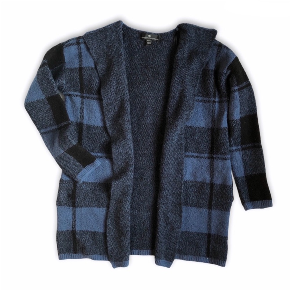 Madison Michelle Plaid Open Front Knit Cardigan Blue & Black Size Medium